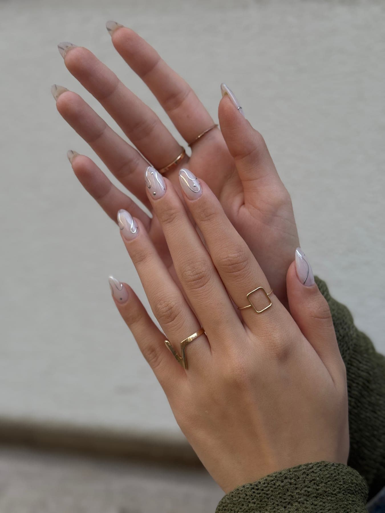 Long almond nails, nude with French